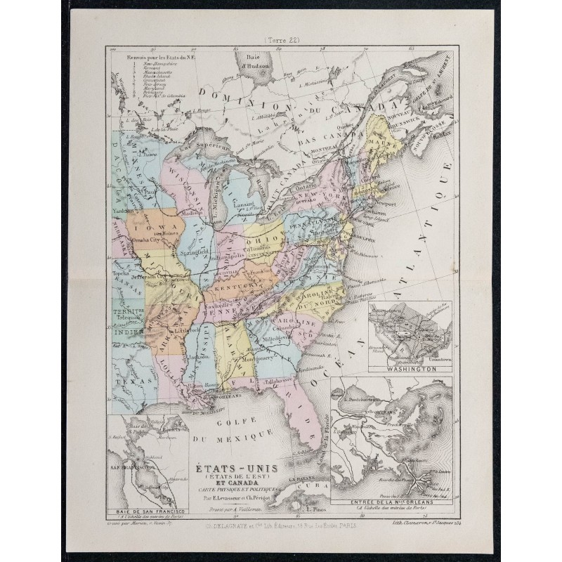 1874 - Carte des États-Unis (États de l'Est) et Canada 