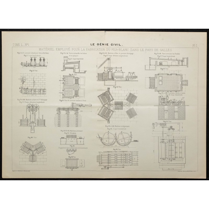 Gravure de 1906 - Matériel pour la fabrication du fer-blanc - 1