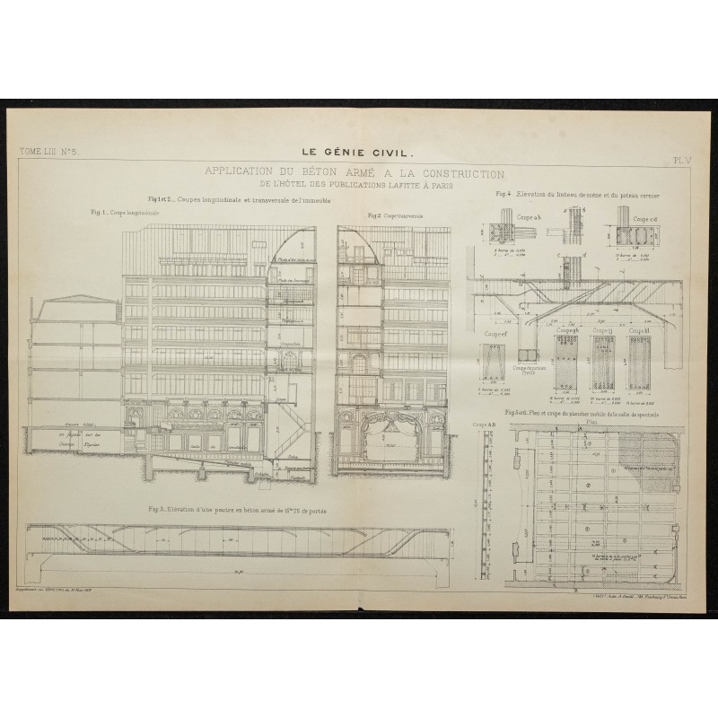 Gravure de 1908 - Application du béton armé à la construction - 1