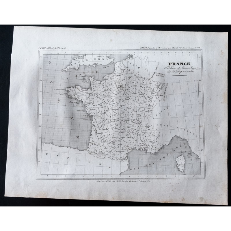 Gravure de 1833 - Carte des 86 départements de France - 1